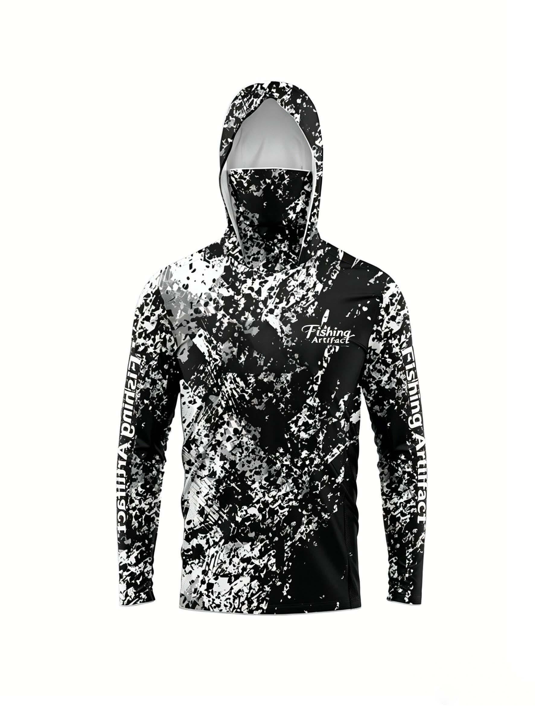 Fishing Mask Sun Protection - เสื้อฮู้ดตกปลาสำหรับผู้ชายลายพิมพ์ 3D พร้อมหน้ากาก ลายพรางสีดำขาว แห้งเร็ว ระบายอากาศได้ดี