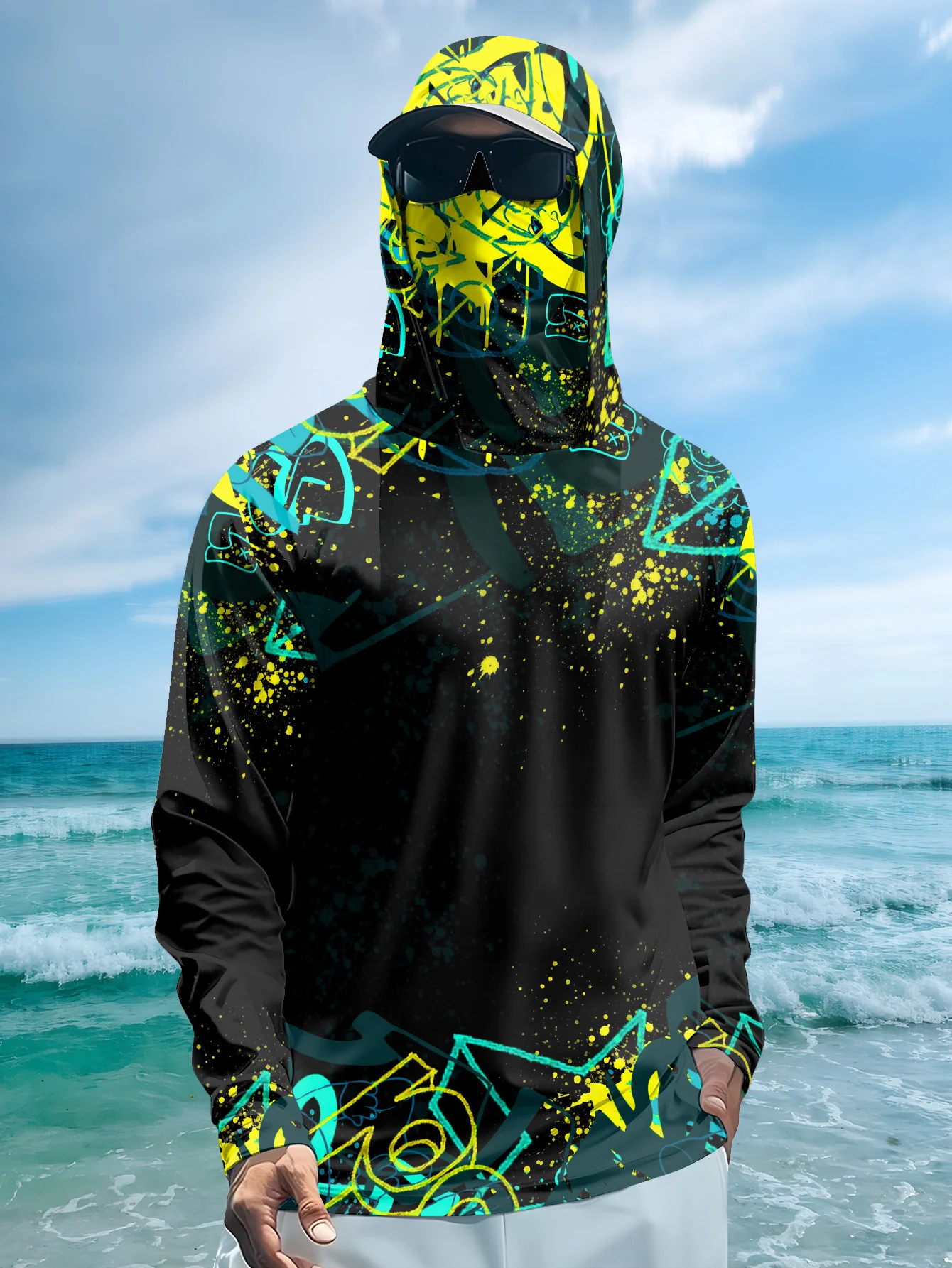 Fishing Mask Sun Protection - เสื้อฮู้ดตกปลาสำหรับผู้ชาย UPF50+ พร้อมหน้ากากปิดหน้า ลายกราฟฟิตี้ แขนยาว แห้งเร็ว