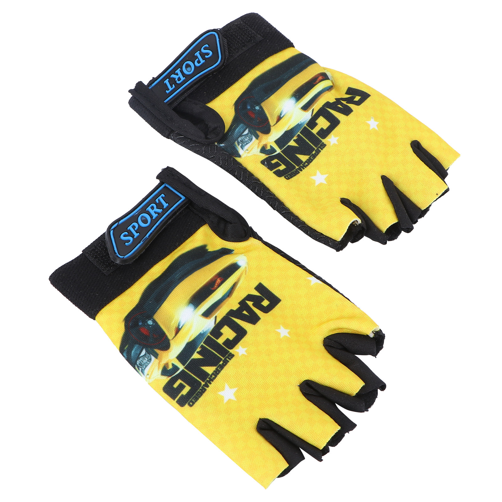 Fishing Gloves - ถุงมือเด็กแบบครึ่งนิ้ว ลายรถสีเหลือง วัสดุระบายอากาศคุณภาพพรีเมียม กันลื่น สำหรับปั่นจักรยาน ตกปลา