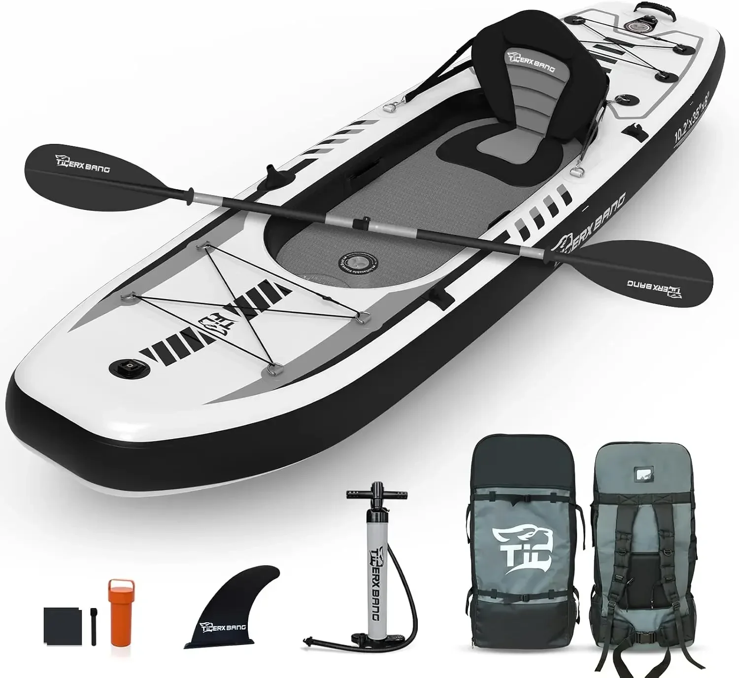 Fishing Backpack - TIGERXBANG เรือคายัคแบบเป่าลม ขนาด 10.2'x35''x8'' พร้อมเบาะนั่งแบบถอดได้ ชุดเรือคายัค