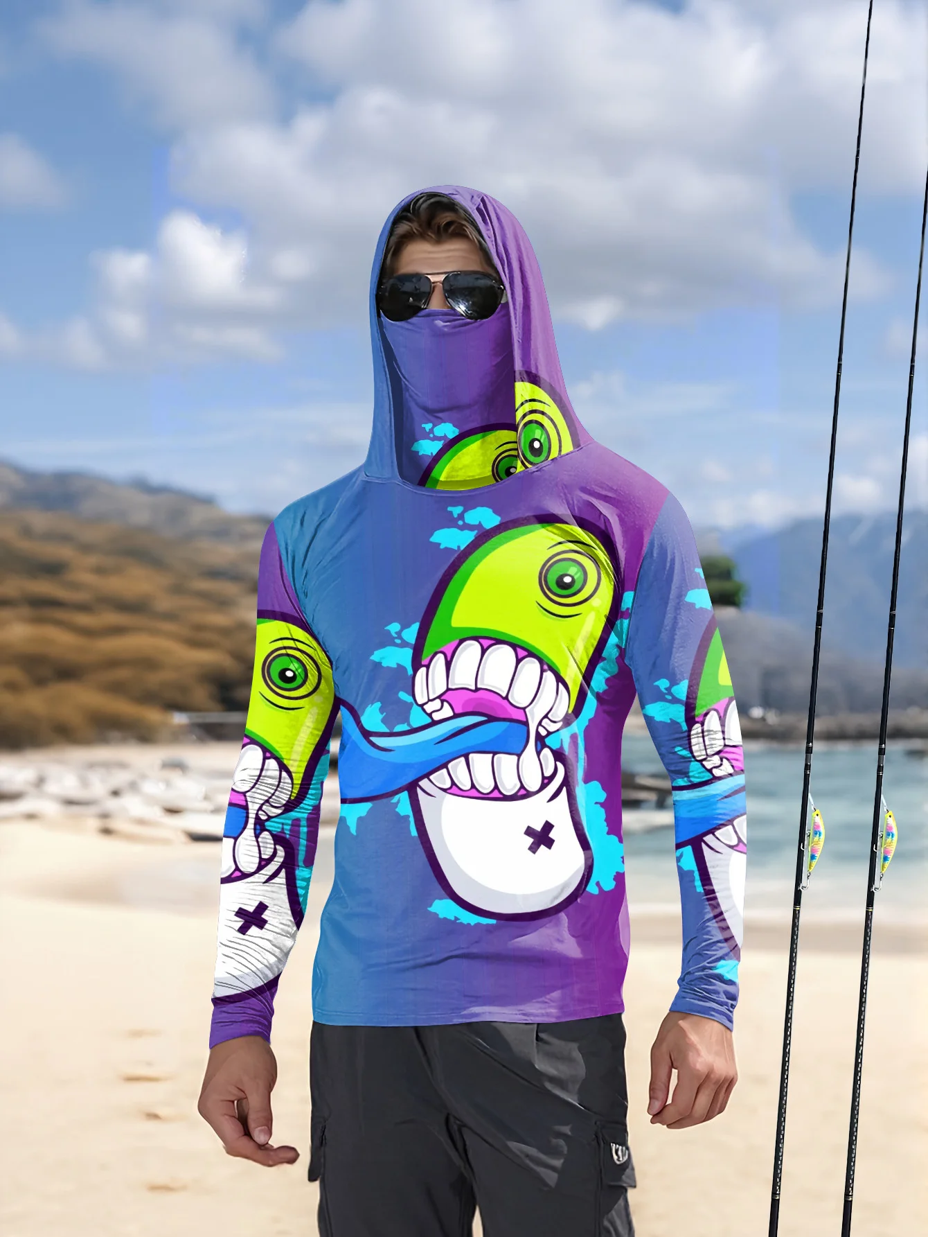 เสื้อฮู้ดตกปลาสำหรับผู้ชาย ลาย - Fishing Mask Sun Protection บทวิจารณ์และราคา